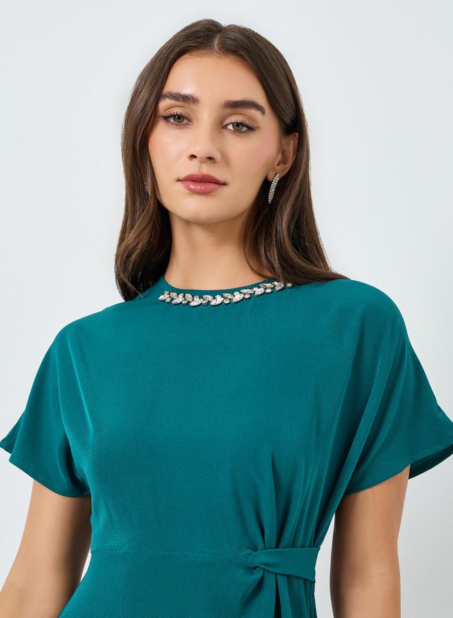 Styli Women Teal Embellished Short Sleeves Midi Dress - Image 3